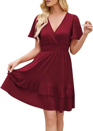 JOAU Women Casual Summer Smocked Empire Waist Dresses Wrap V Neck Short Sleeve A-Line Tiered Ruffle Beach Vacation Mini Dress