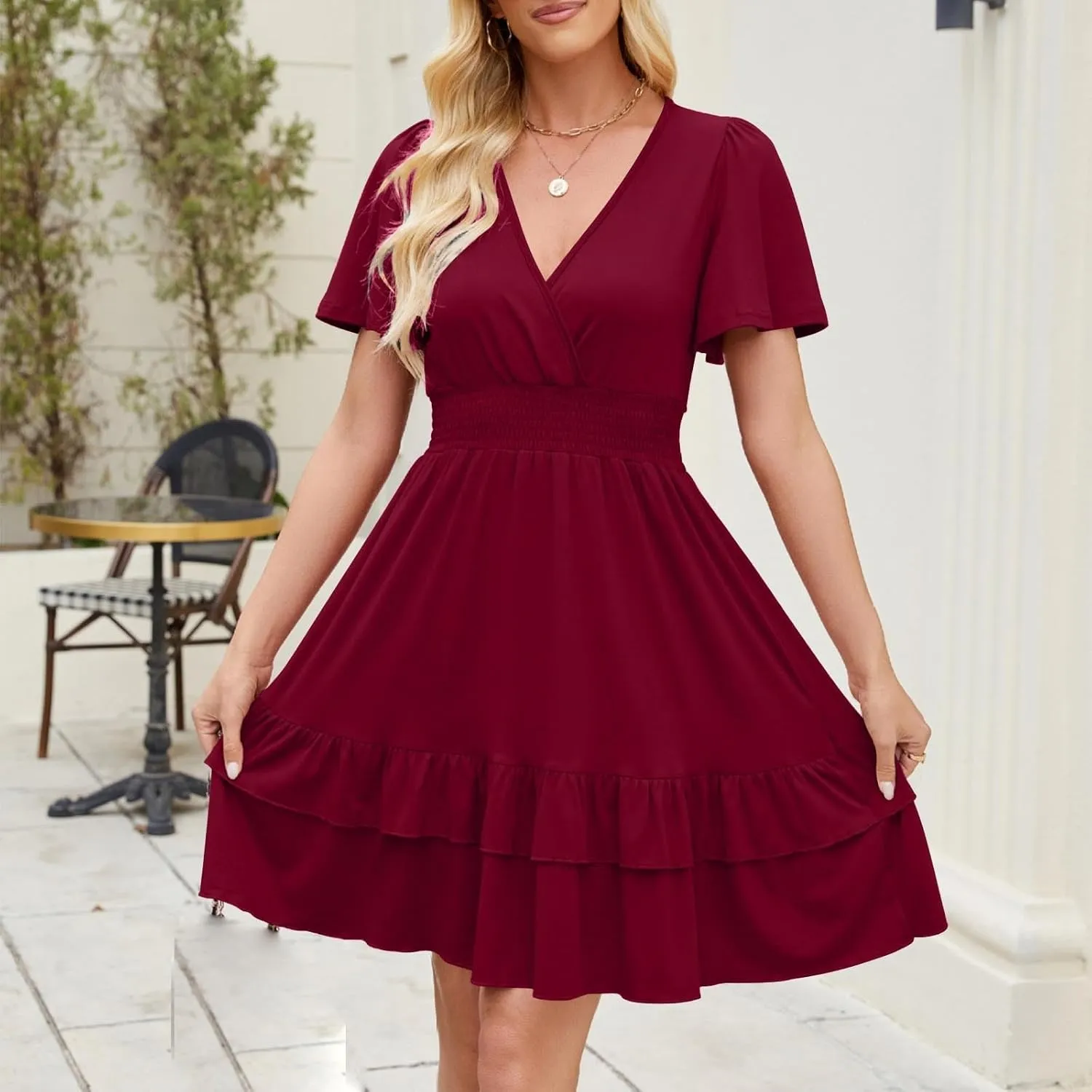 JOAU Women Casual Summer Smocked Empire Waist Dresses Wrap V Neck Short Sleeve A-Line Tiered Ruffle Beach Vacation Mini Dress