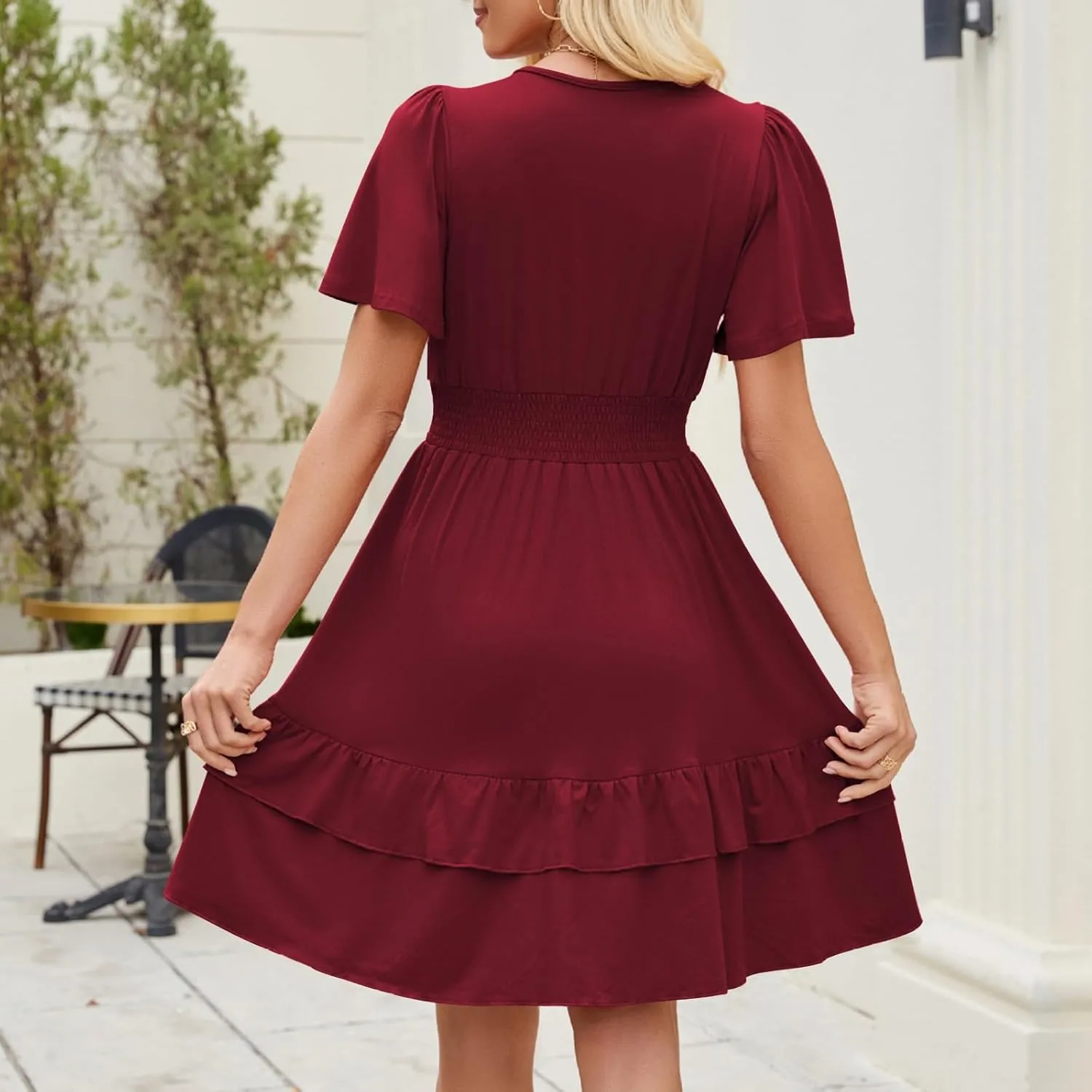 JOAU Women Casual Summer Smocked Empire Waist Dresses Wrap V Neck Short Sleeve A-Line Tiered Ruffle Beach Vacation Mini Dress