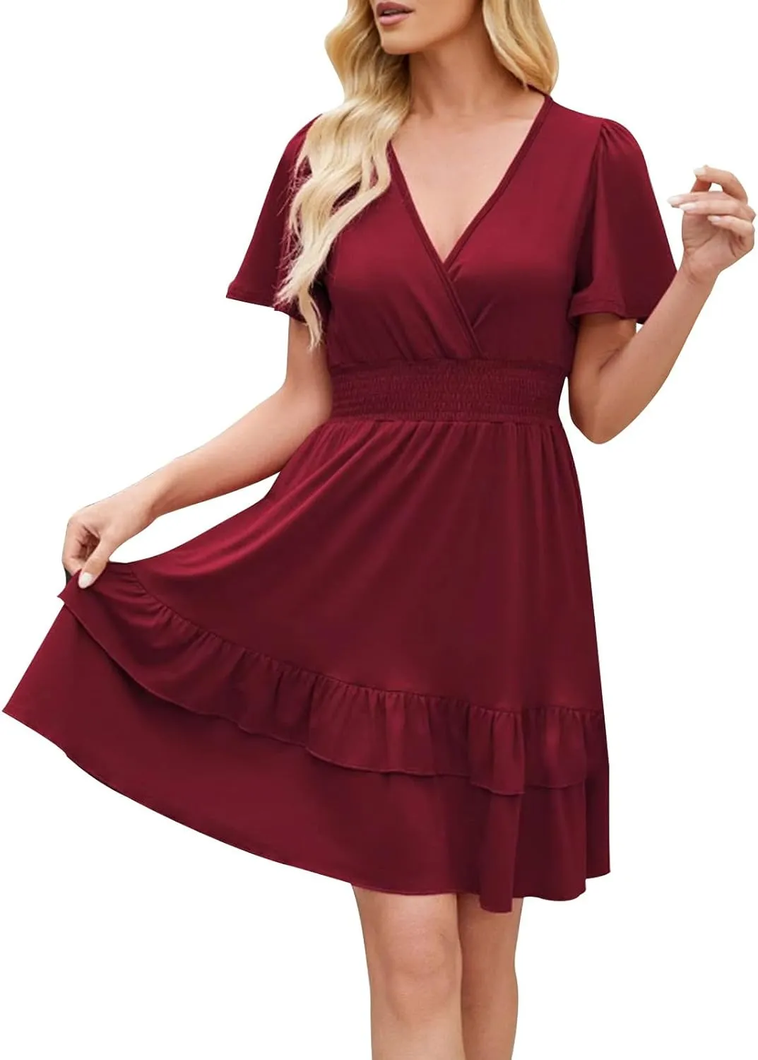 JOAU Women Casual Summer Smocked Empire Waist Dresses Wrap V Neck Short Sleeve A-Line Tiered Ruffle Beach Vacation Mini Dress