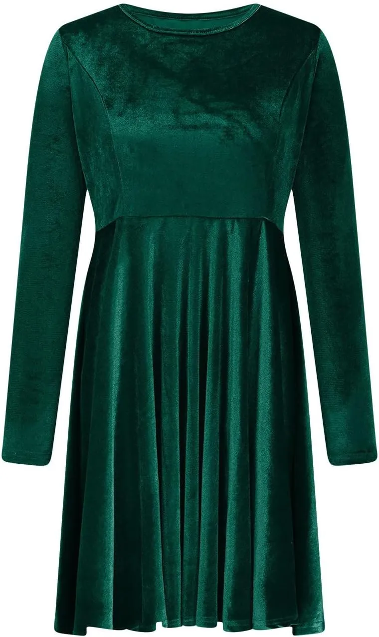 JOAU Women's Fall Winter Velvet Mini Dress 2024 Long Sleeve Crew Neck High Waist Ruffle A Line Flowy Cocktail Party Dresses