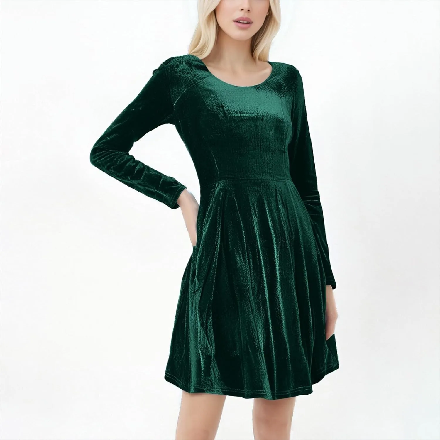 JOAU Women's Fall Winter Velvet Mini Dress 2024 Long Sleeve Crew Neck High Waist Ruffle A Line Flowy Cocktail Party Dresses
