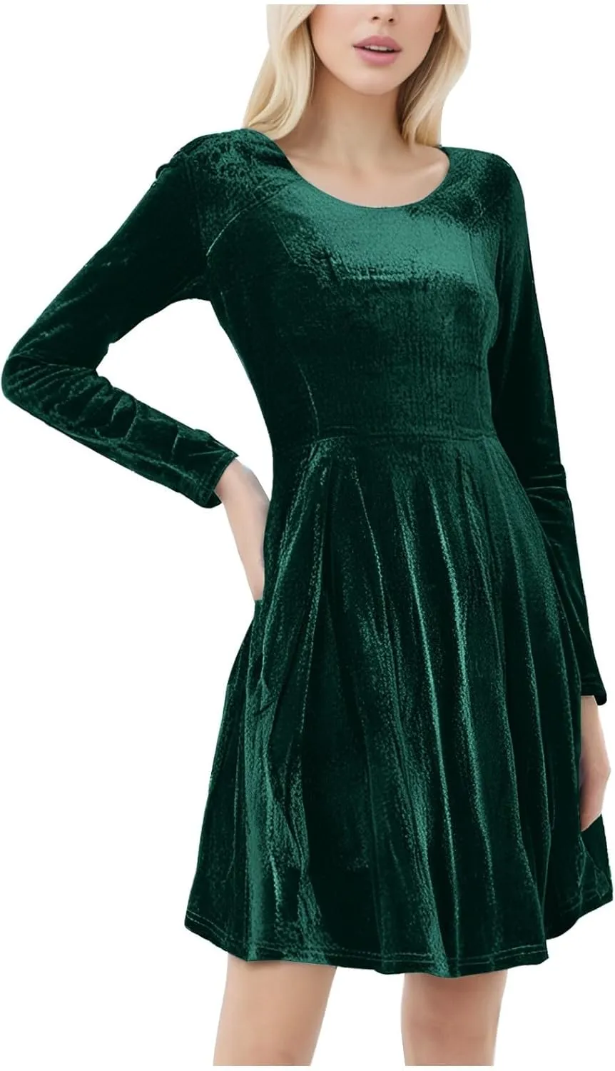JOAU Women's Fall Winter Velvet Mini Dress 2024 Long Sleeve Crew Neck High Waist Ruffle A Line Flowy Cocktail Party Dresses