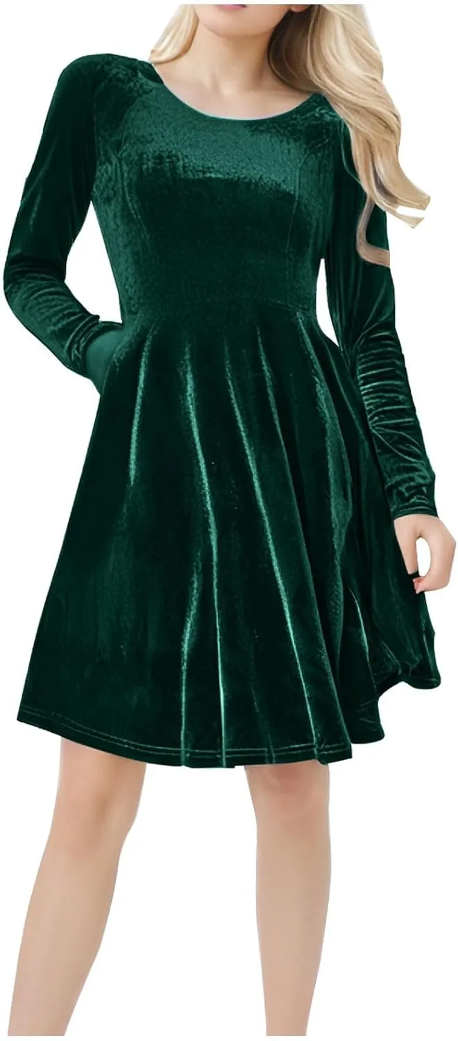 JOAU Women's Fall Winter Velvet Mini Dress 2024 Long Sleeve Crew Neck High Waist Ruffle A Line Flowy Cocktail Party Dresses
