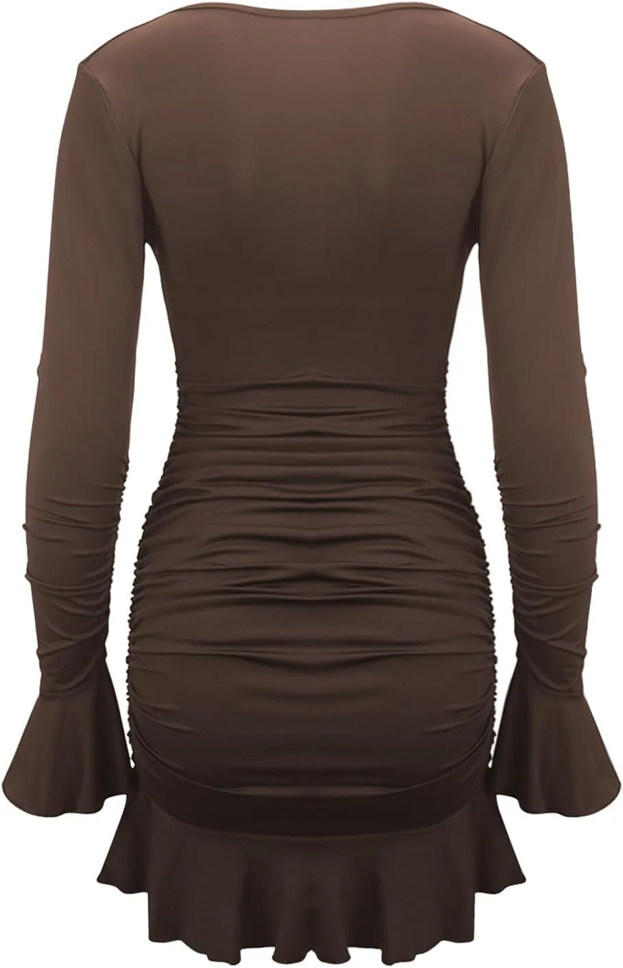 JOAU Women's Fashion Elegant Wrap V Neck Dress Long Sleeve Ruffle Trim Ruched Mini Dresses Cocktail Party Bodycon Dress