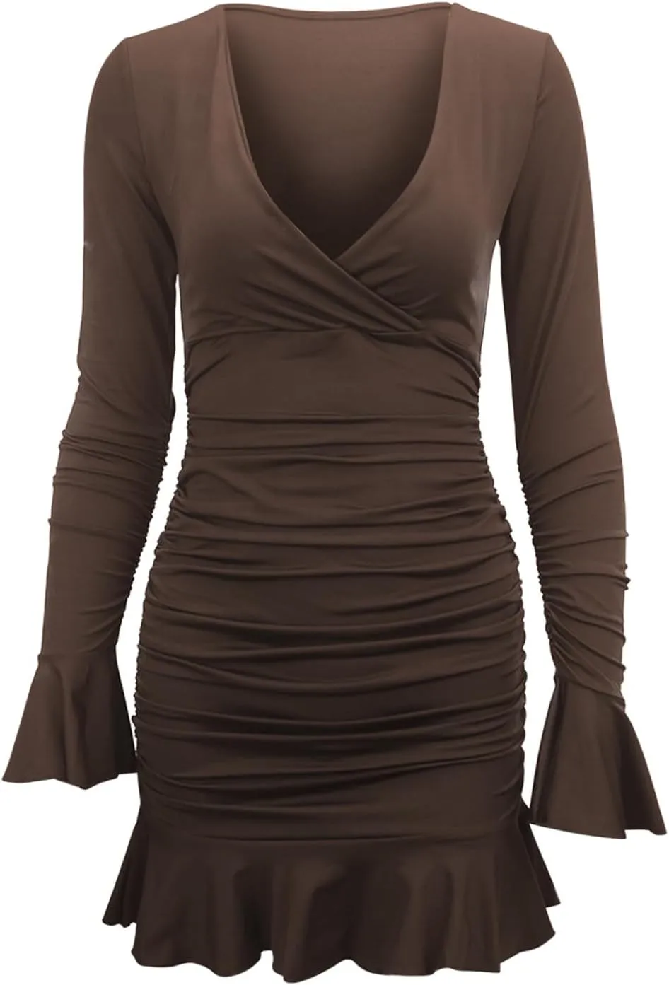 JOAU Women's Fashion Elegant Wrap V Neck Dress Long Sleeve Ruffle Trim Ruched Mini Dresses Cocktail Party Bodycon Dress
