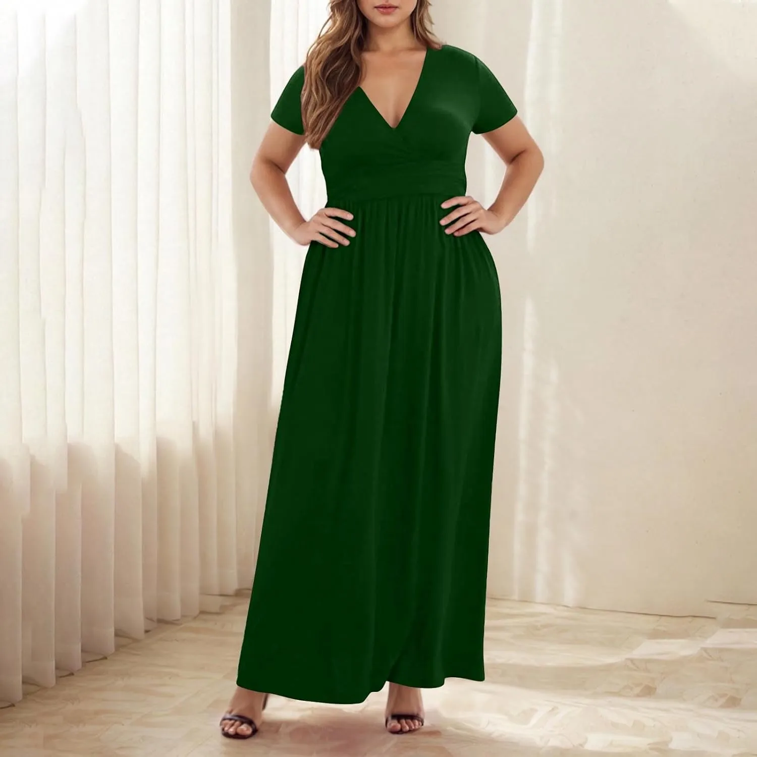 JOAU Women's Plus Size Summer Short Sleeve Maxi Dress 2025 Casual Wrap V Neck A Line Flowy Beach Long Dresses with Pockets