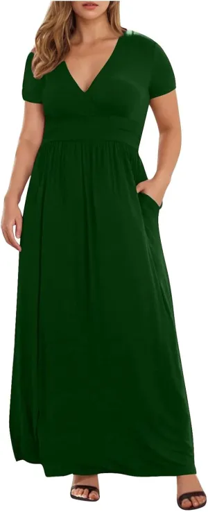 JOAU Women's Plus Size Summer Short Sleeve Maxi Dress 2025 Casual Wrap V Neck A Line Flowy Beach Long Dresses with Pockets