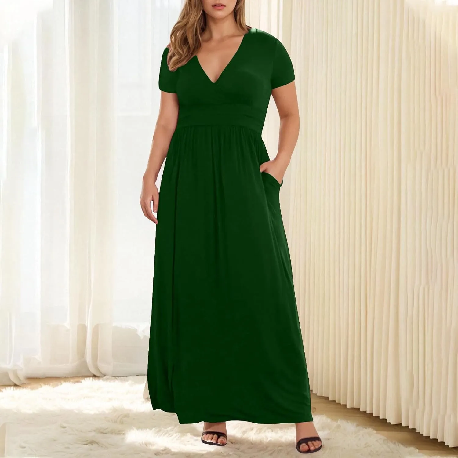 JOAU Women's Plus Size Summer Short Sleeve Maxi Dress 2025 Casual Wrap V Neck A Line Flowy Beach Long Dresses with Pockets