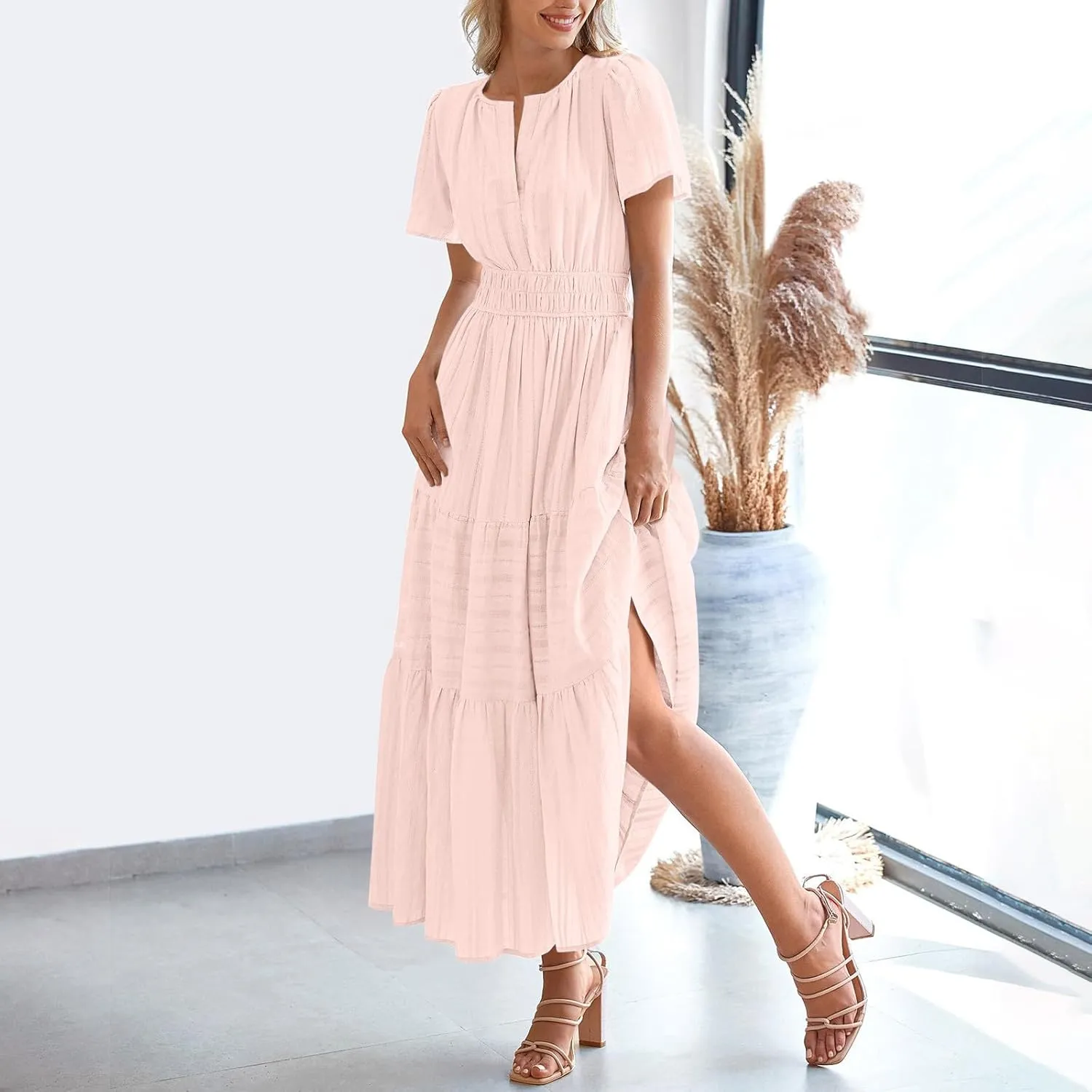 JOAU Womens Summer Dresses 2025 Casual Short Sleeve Notched V Neck Boho Tiered Ruffle A-Line Beach Maxi Dress with Pockets
