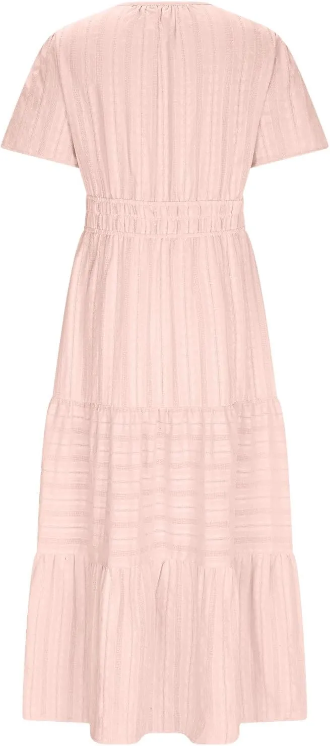 JOAU Womens Summer Dresses 2025 Casual Short Sleeve Notched V Neck Boho Tiered Ruffle A-Line Beach Maxi Dress with Pockets