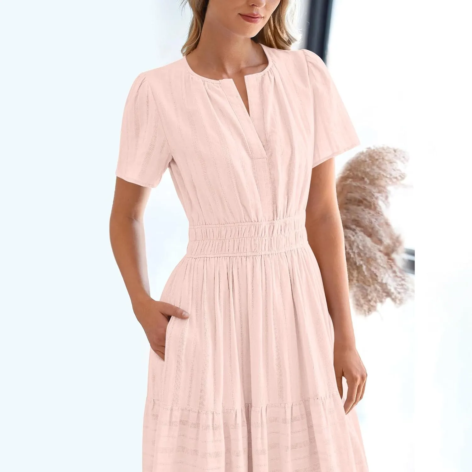 JOAU Womens Summer Dresses 2025 Casual Short Sleeve Notched V Neck Boho Tiered Ruffle A-Line Beach Maxi Dress with Pockets
