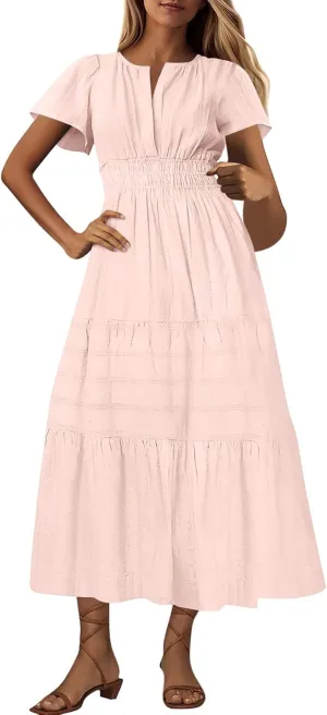 JOAU Womens Summer Dresses 2025 Casual Short Sleeve Notched V Neck Boho Tiered Ruffle A-Line Beach Maxi Dress with Pockets