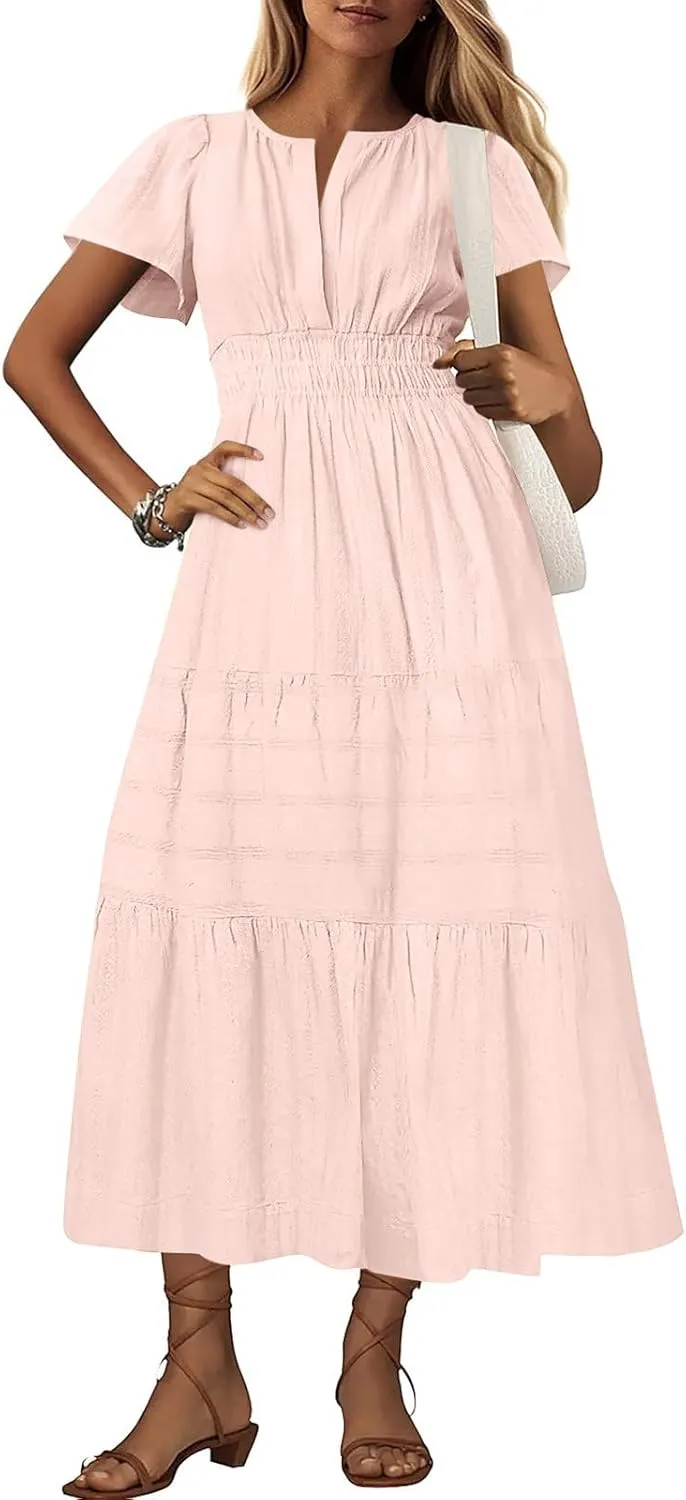 JOAU Womens Summer Dresses 2025 Casual Short Sleeve Notched V Neck Boho Tiered Ruffle A-Line Beach Maxi Dress with Pockets