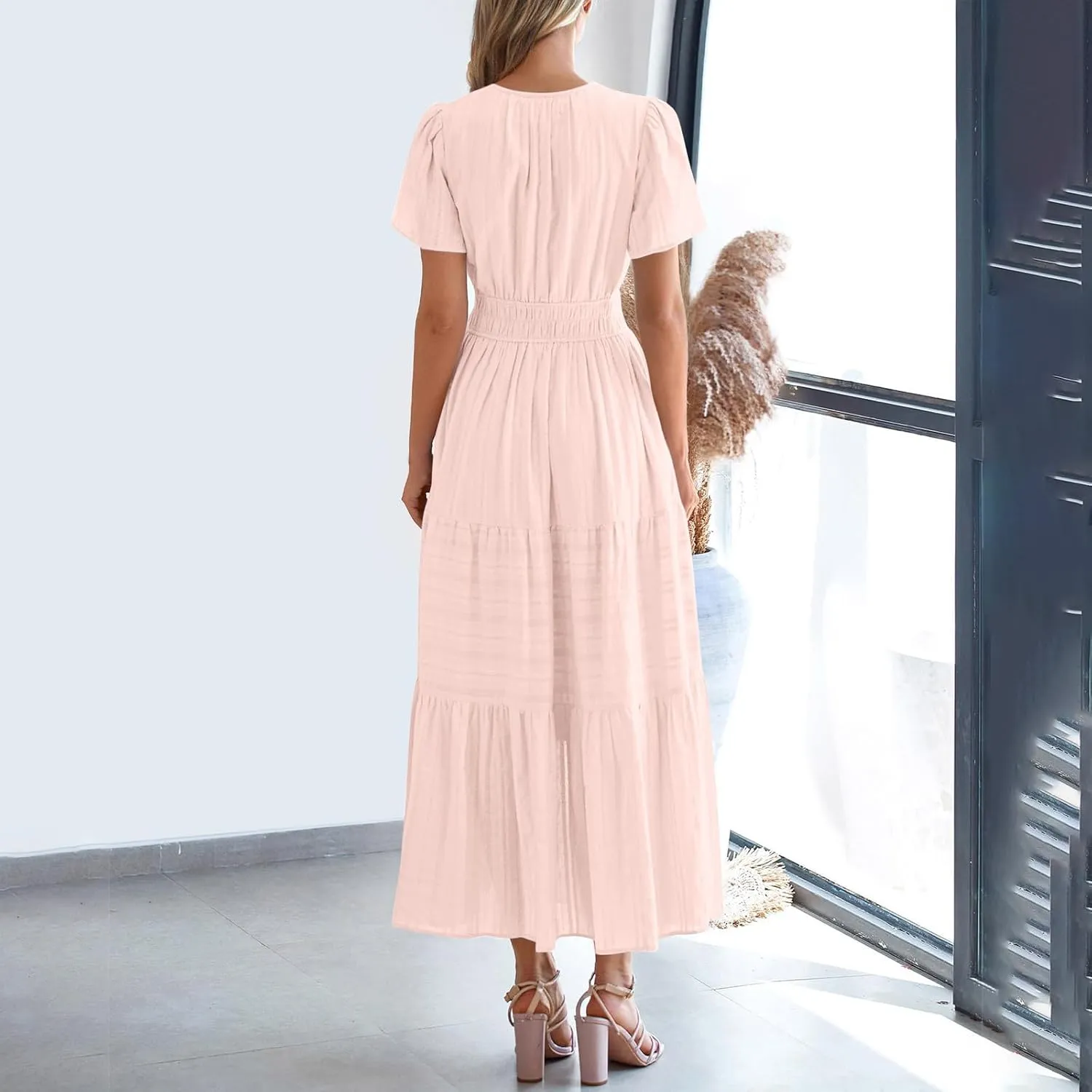 JOAU Womens Summer Dresses 2025 Casual Short Sleeve Notched V Neck Boho Tiered Ruffle A-Line Beach Maxi Dress with Pockets