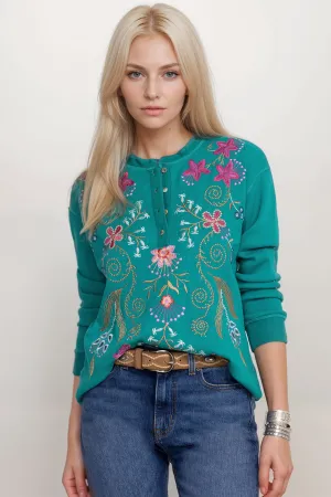 Johnny Was Long Sleeves Thermal Henley Top J16524