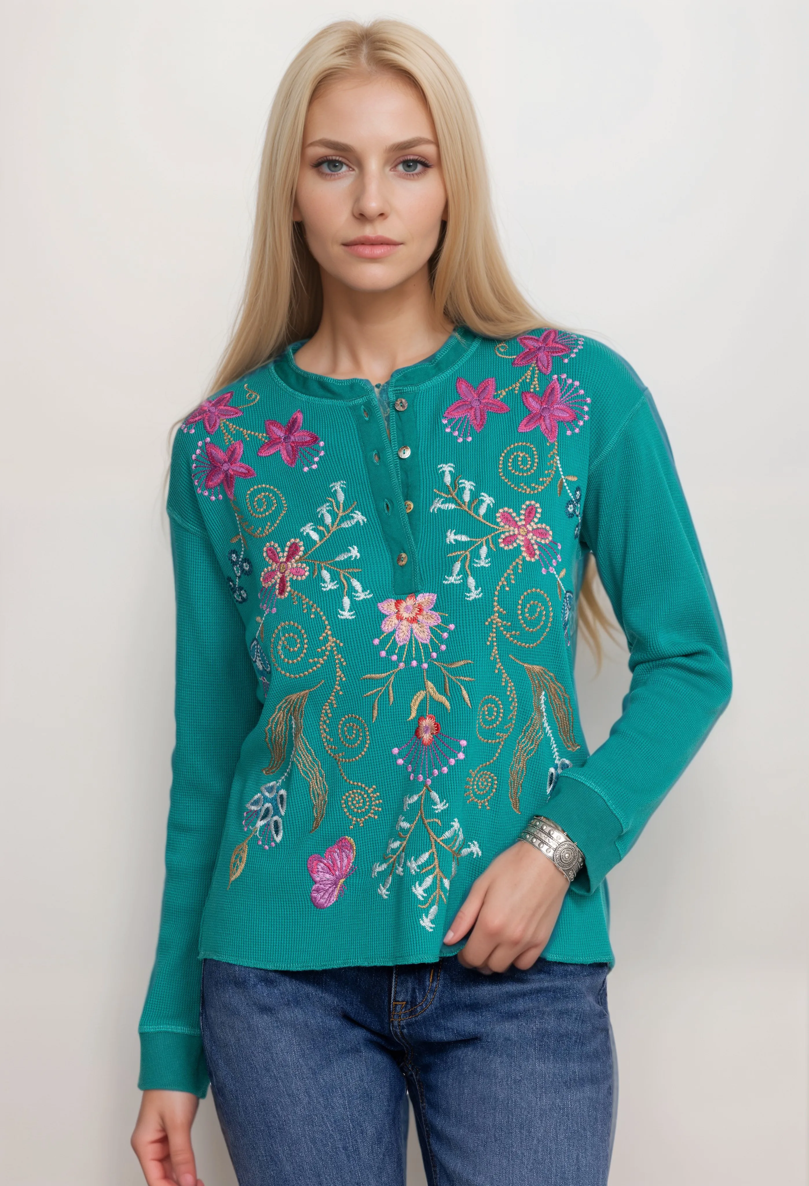 Johnny Was Long Sleeves Thermal Henley Top J16524