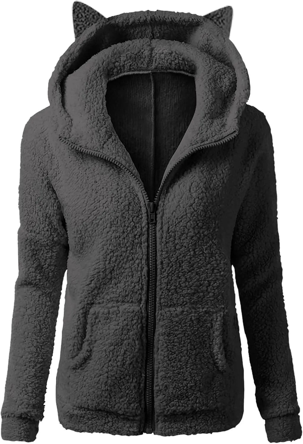 jsaierl Women Fluffy Bear Ears Cute Hooded Jacket Zip Up Hoodie Winter Double Fuzzy Warm Sweatshirt Comfy Outwear Coat