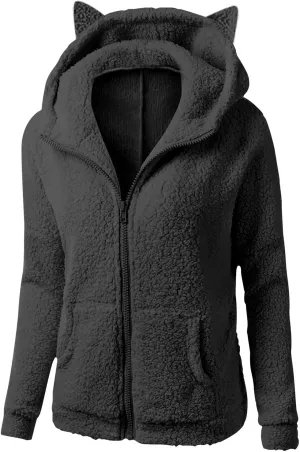 jsaierl Women Fluffy Bear Ears Cute Hooded Jacket Zip Up Hoodie Winter Double Fuzzy Warm Sweatshirt Comfy Outwear Coat