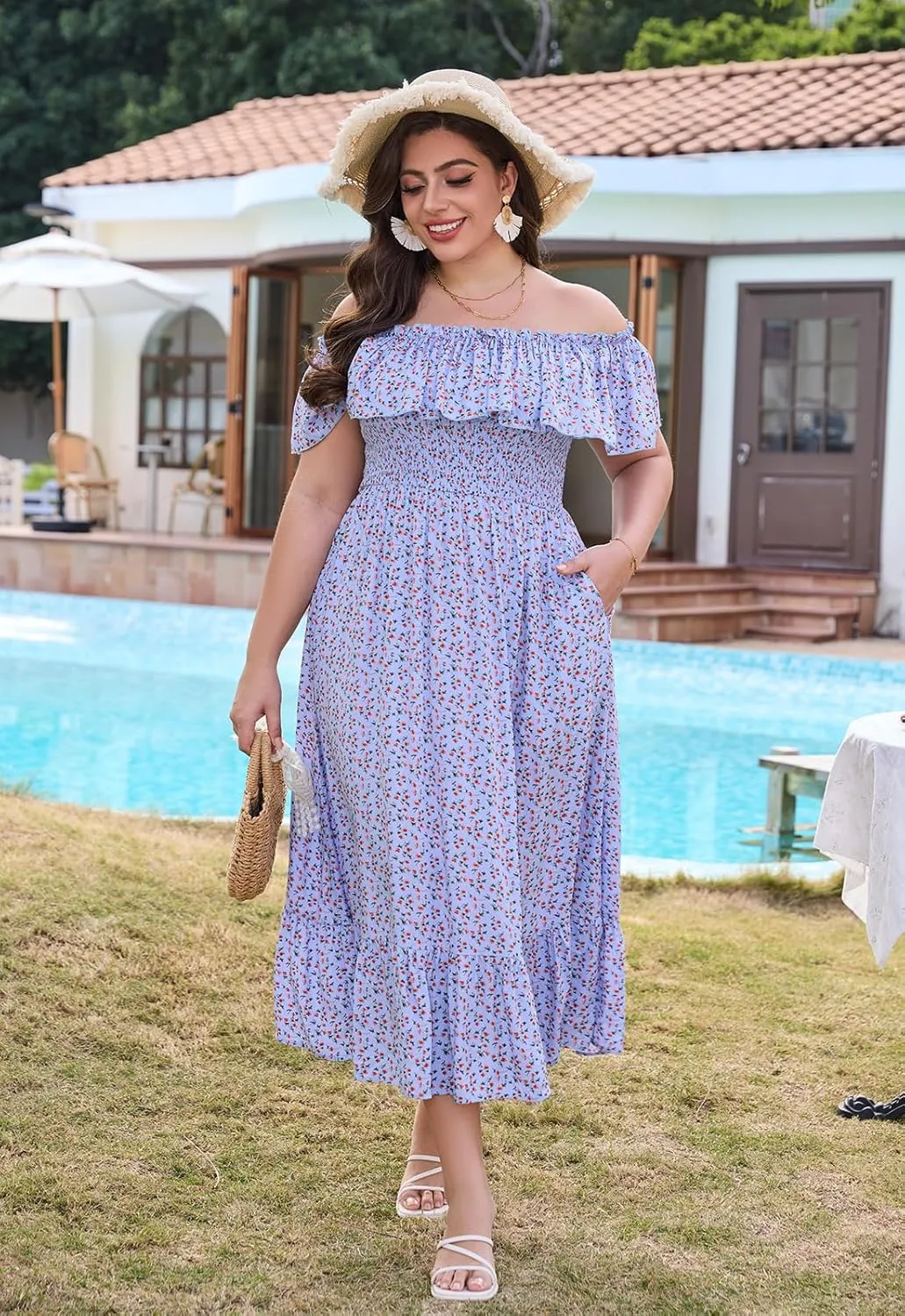 Keluummi Plus Size Summer Maxi Dresses for Curvy Women, Casual Floral Long Empire Waist Wedding Guest Sundress with Pockets