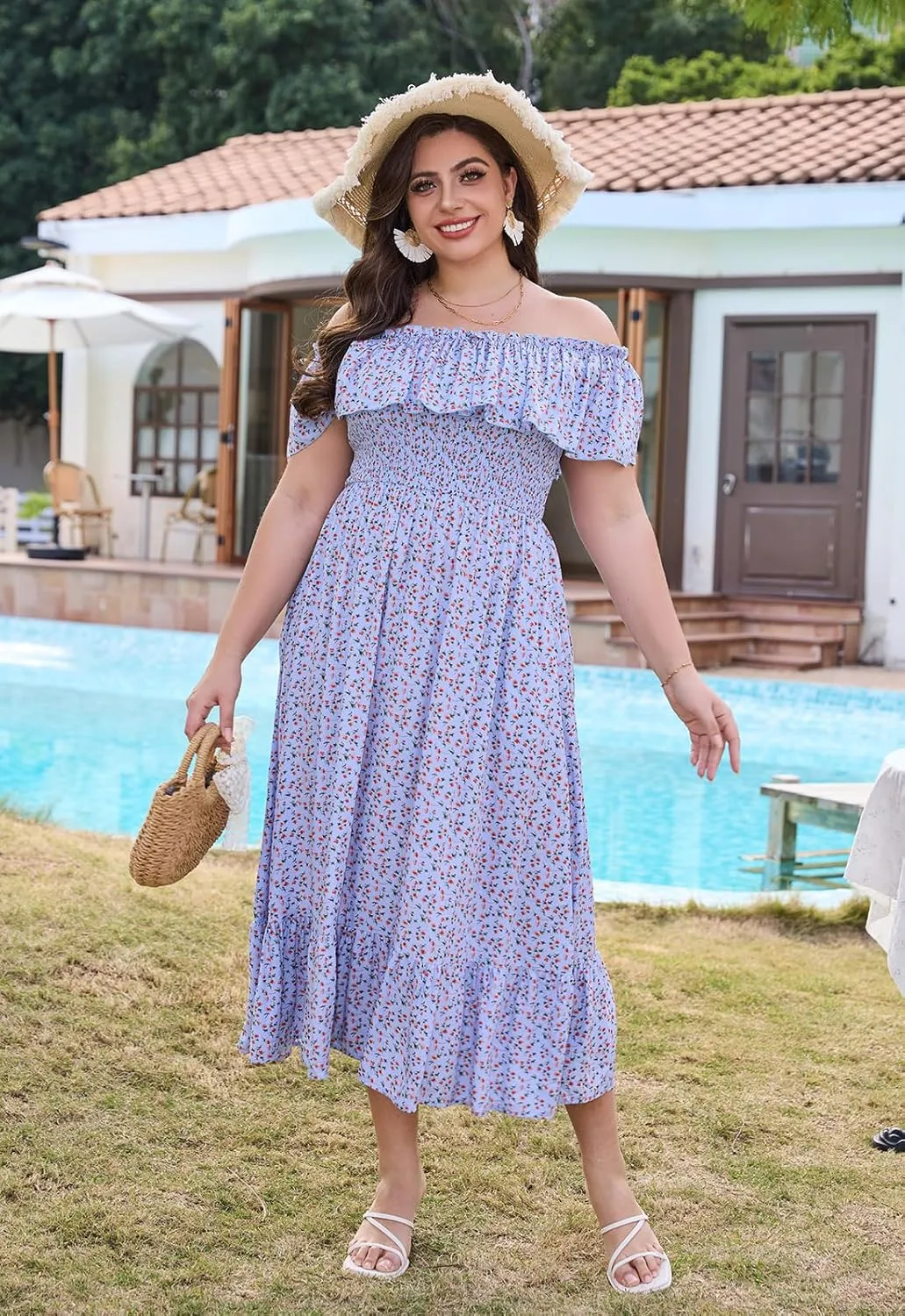 Keluummi Plus Size Summer Maxi Dresses for Curvy Women, Casual Floral Long Empire Waist Wedding Guest Sundress with Pockets