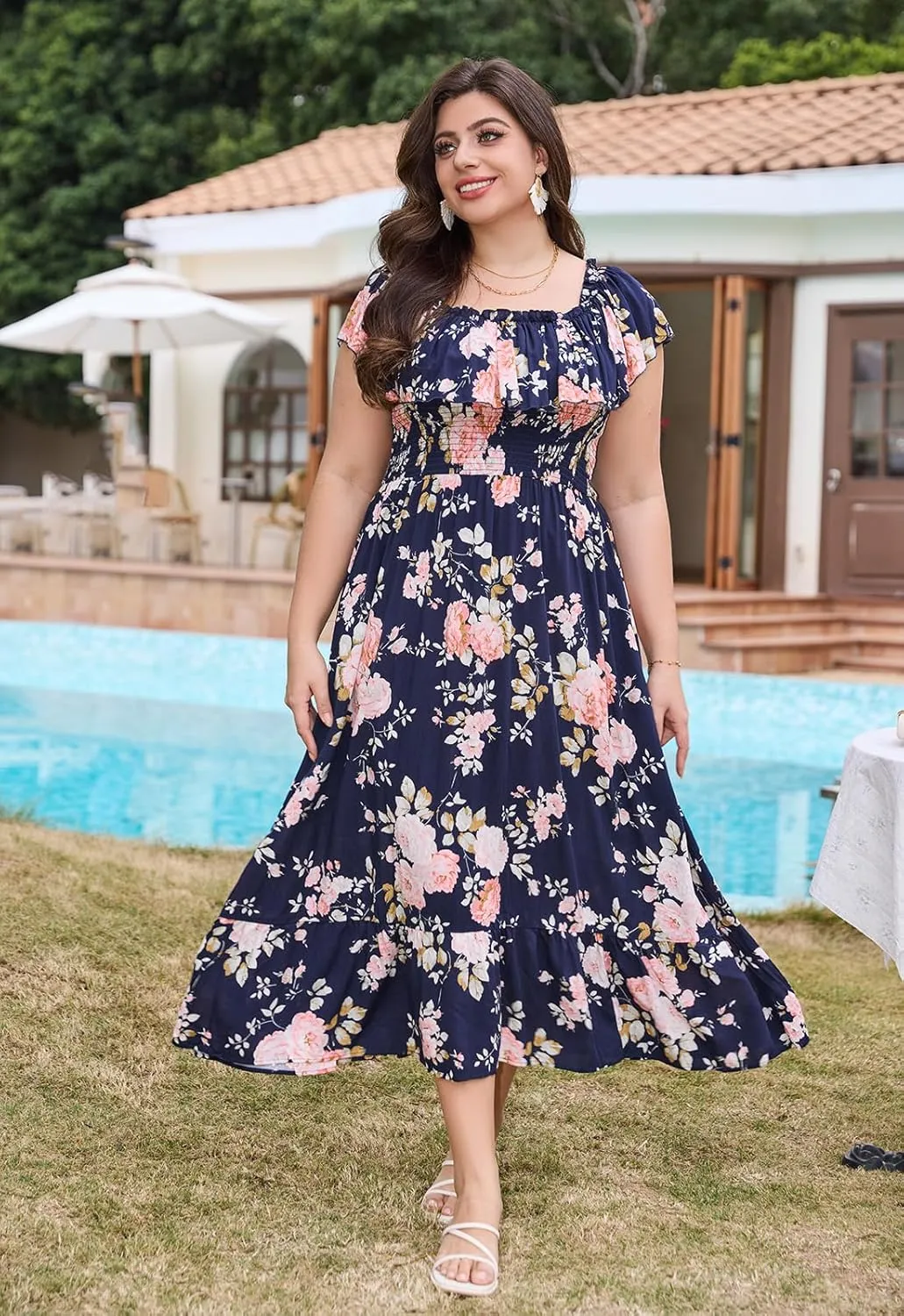 Keluummi Plus Size Summer Maxi Dresses for Curvy Women, Casual Floral Long Empire Waist Wedding Guest Sundress with Pockets