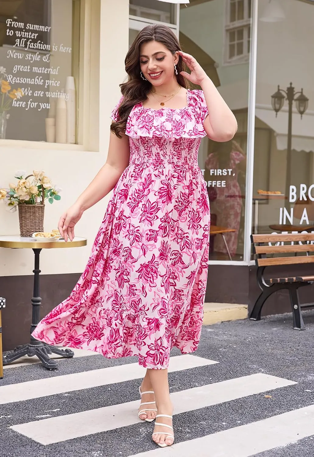 Keluummi Plus Size Summer Maxi Dresses for Curvy Women, Casual Floral Long Empire Waist Wedding Guest Sundress with Pockets