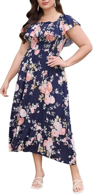 Keluummi Plus Size Summer Maxi Dresses for Curvy Women, Casual Floral Long Empire Waist Wedding Guest Sundress with Pockets
