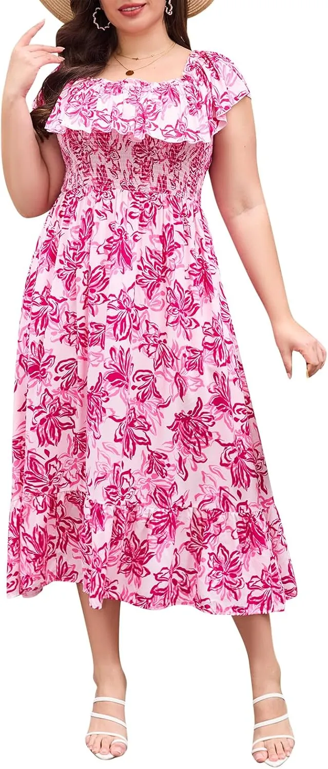 Keluummi Plus Size Summer Maxi Dresses for Curvy Women, Casual Floral Long Empire Waist Wedding Guest Sundress with Pockets