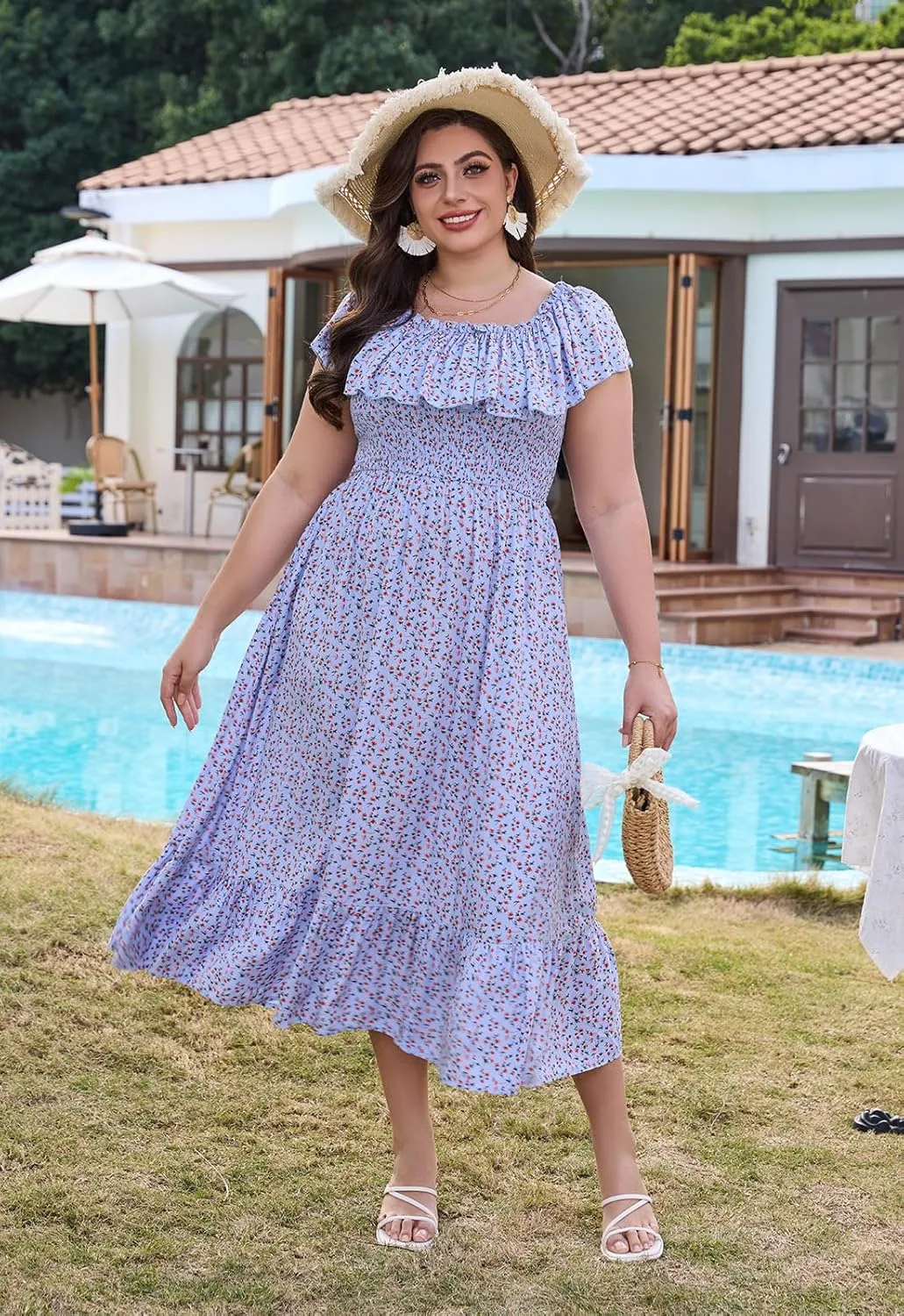 Keluummi Plus Size Summer Maxi Dresses for Curvy Women, Casual Floral Long Empire Waist Wedding Guest Sundress with Pockets
