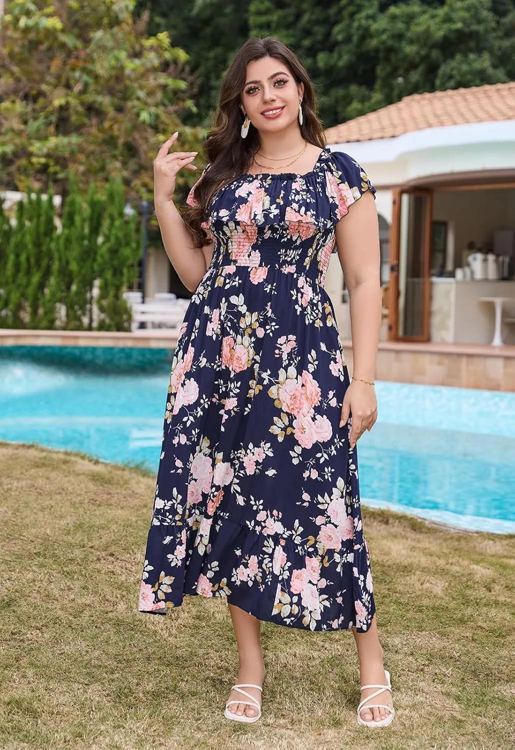 Keluummi Plus Size Summer Maxi Dresses for Curvy Women, Casual Floral Long Empire Waist Wedding Guest Sundress with Pockets