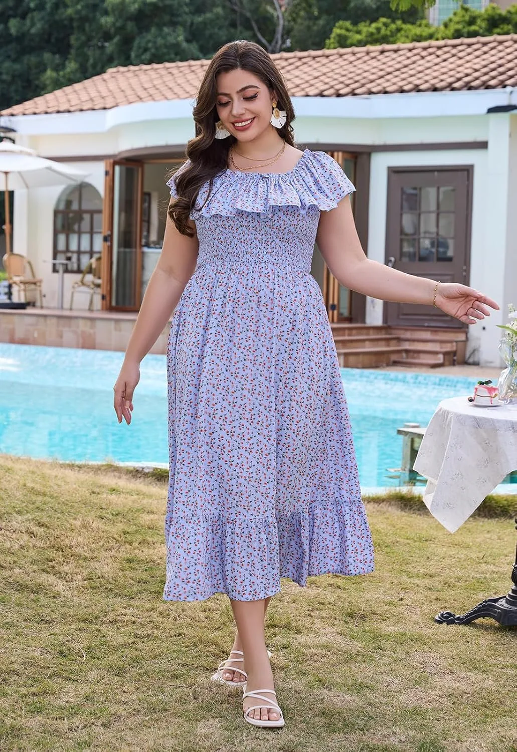 Keluummi Plus Size Summer Maxi Dresses for Curvy Women, Casual Floral Long Empire Waist Wedding Guest Sundress with Pockets