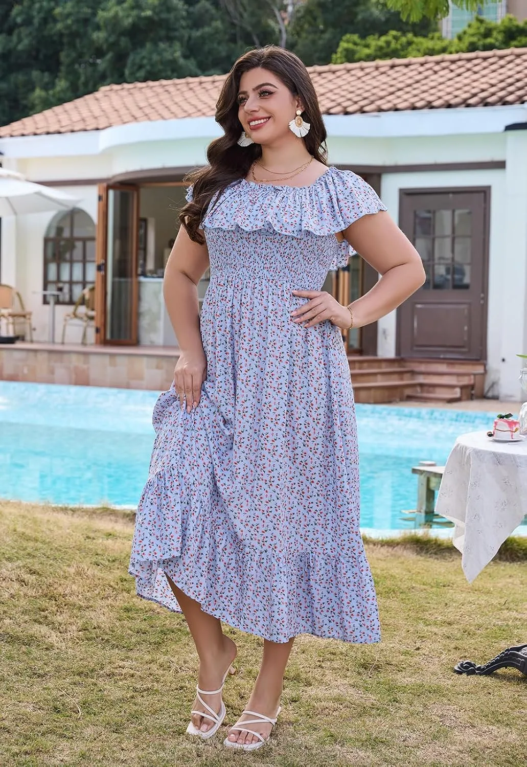 Keluummi Plus Size Summer Maxi Dresses for Curvy Women, Casual Floral Long Empire Waist Wedding Guest Sundress with Pockets