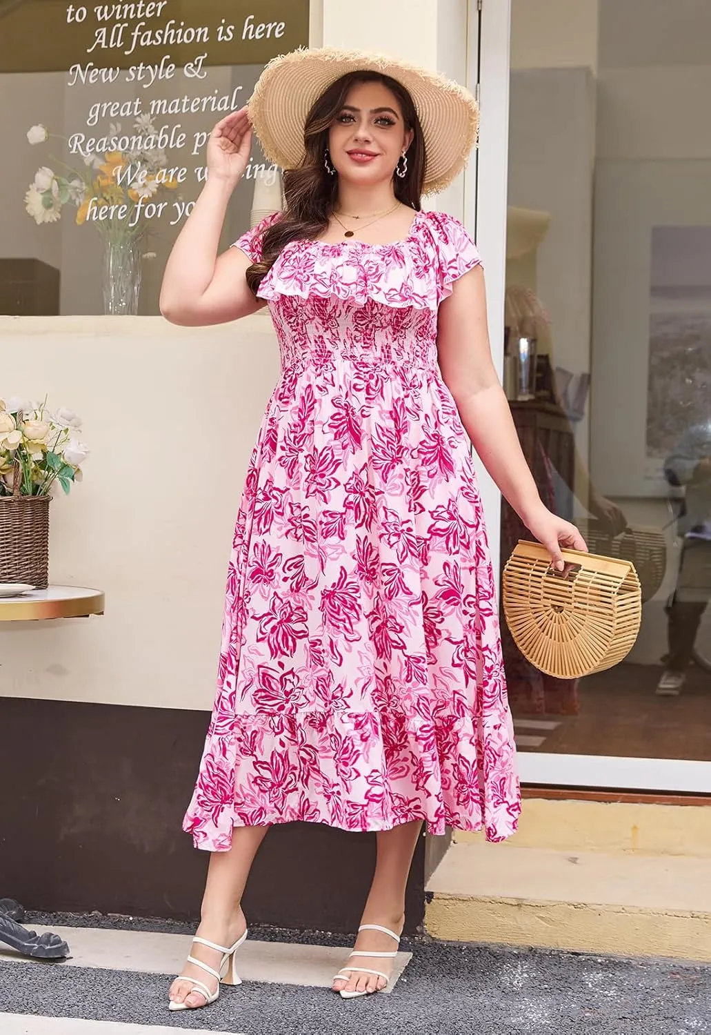Keluummi Plus Size Summer Maxi Dresses for Curvy Women, Casual Floral Long Empire Waist Wedding Guest Sundress with Pockets