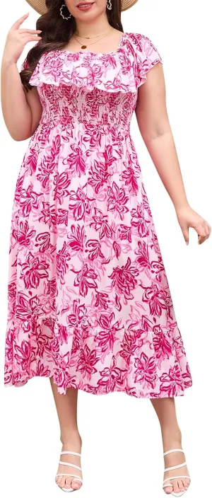 Keluummi Plus Size Summer Maxi Dresses for Curvy Women, Casual Floral Long Empire Waist Wedding Guest Sundress with Pockets