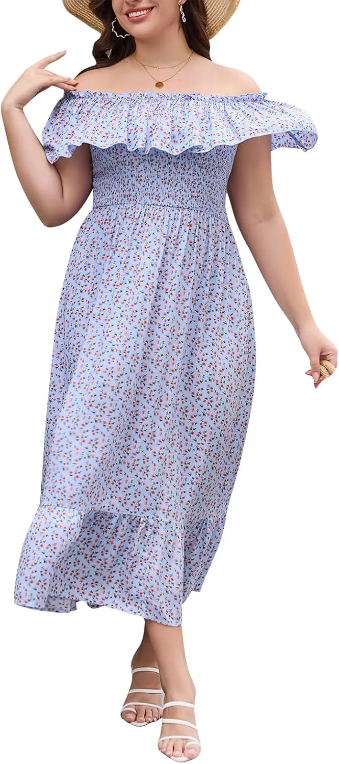 Keluummi Plus Size Summer Maxi Dresses for Curvy Women, Casual Floral Long Empire Waist Wedding Guest Sundress with Pockets