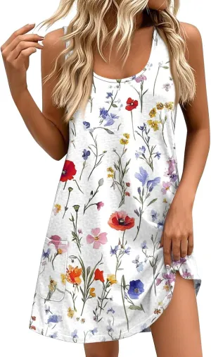 Kenvina Summer Dresses for Women 2025 Printed Sundress Loose Fit O Neck Tank Dress Casual Beach Vacation Dress with Pockets