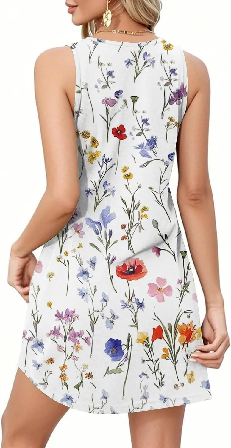 Kenvina Summer Dresses for Women 2025 Printed Sundress Loose Fit O Neck Tank Dress Casual Beach Vacation Dress with Pockets