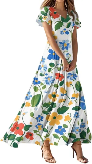 Kenvina Summer Dresses for Women Flowy Swing Beach Vacation Dress Floral Print Maxi Dress Casual V Neck Short Sleeve Dress