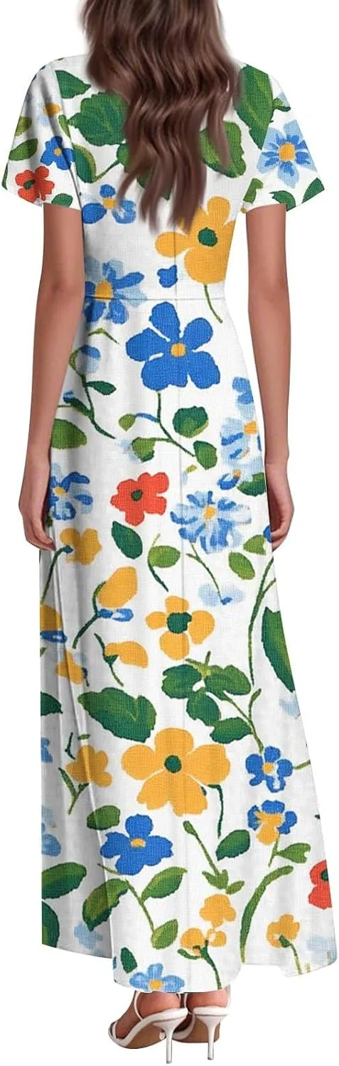 Kenvina Summer Dresses for Women Flowy Swing Beach Vacation Dress Floral Print Maxi Dress Casual V Neck Short Sleeve Dress