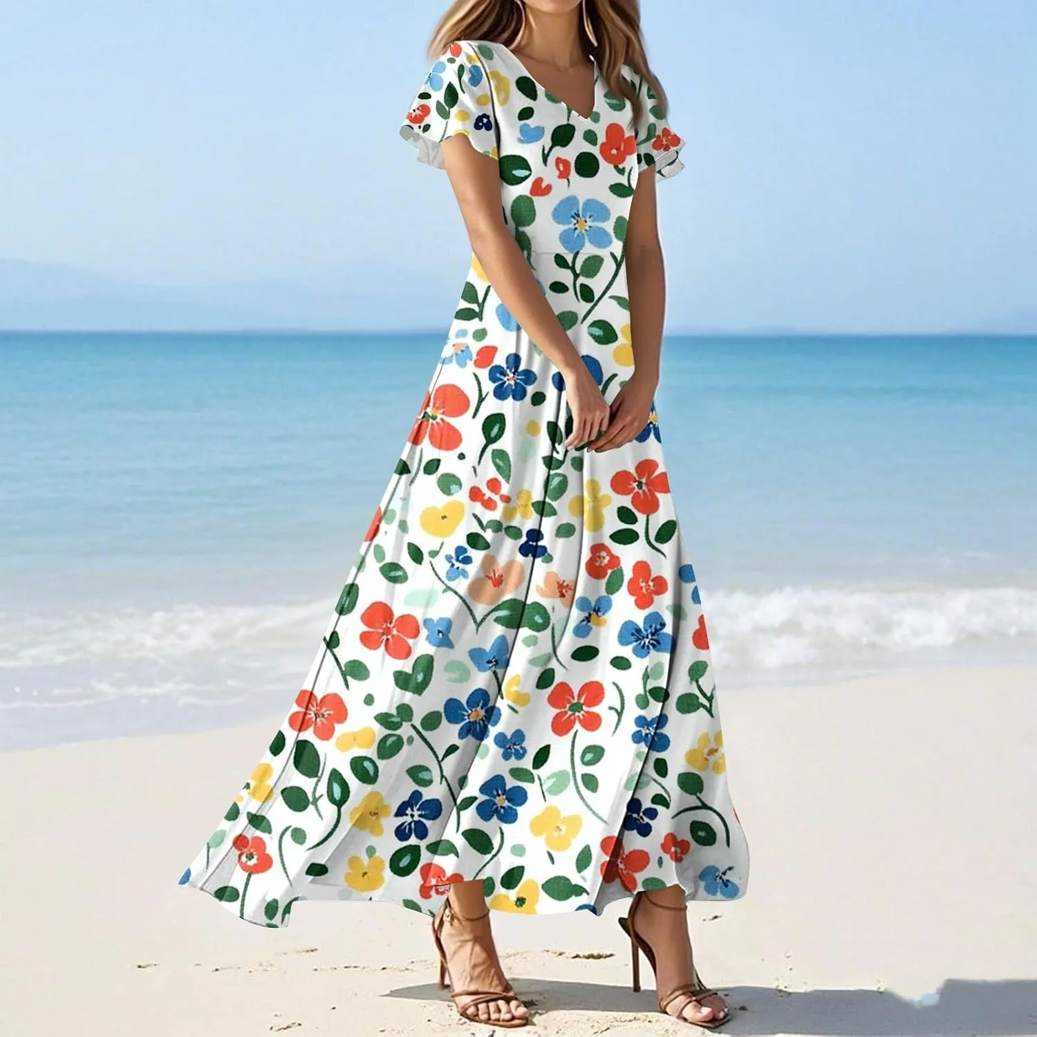 Kenvina Summer Dresses for Women Flowy Swing Beach Vacation Dress Floral Print Maxi Dress Casual V Neck Short Sleeve Dress