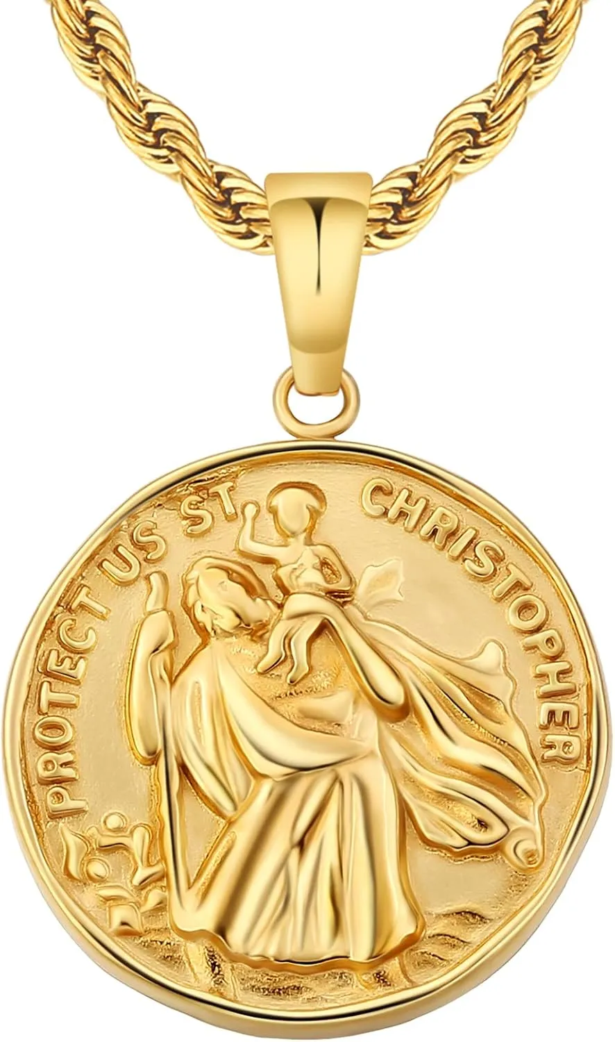KRKC&CO Coin Necklace Pendant, Gold Medallion Necklace Chain, Compass/St. Christopher/Lion/Medusa/Angel Circle Vintage Coin Necklace For Men, Him, 2.5mm 22''