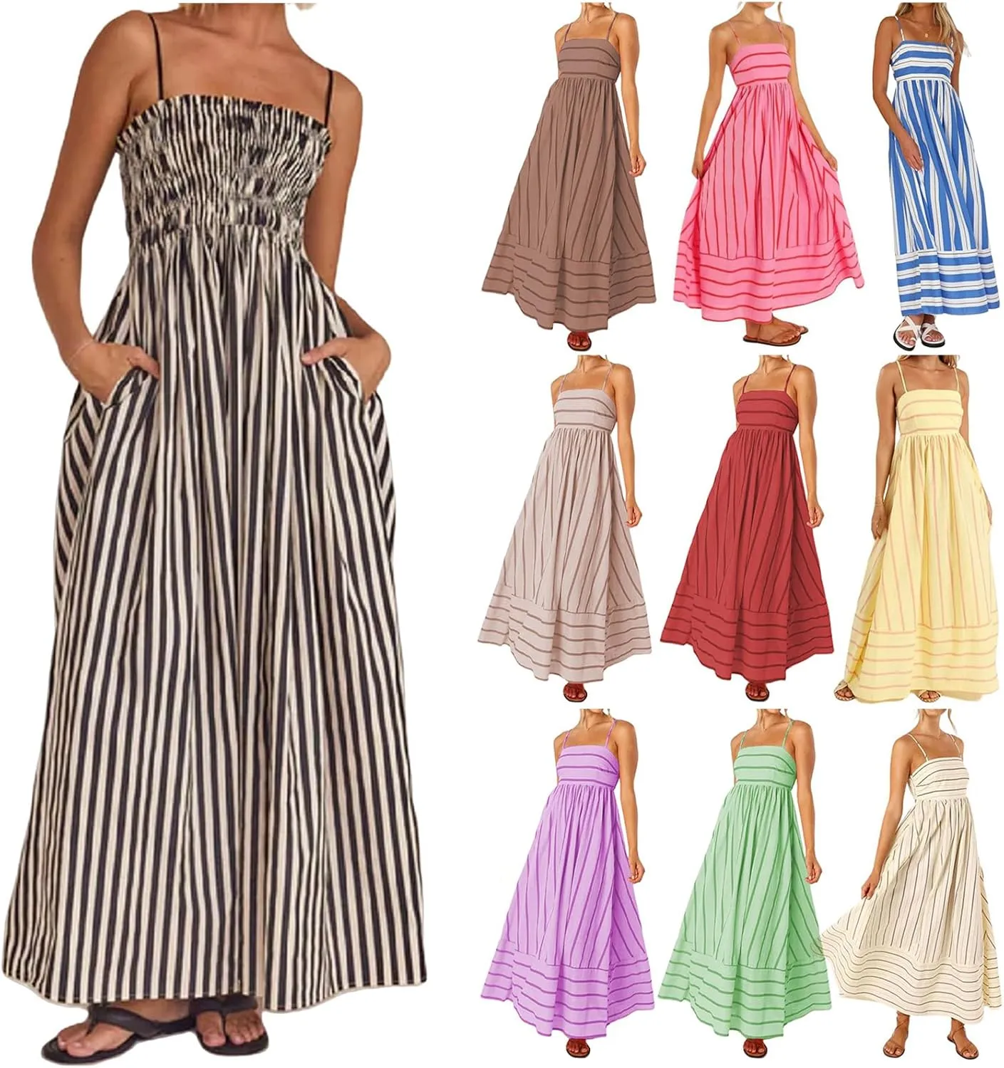 Kubbon Maxi Dress for Women Sleeveless Striped Sundress Spaghetti Strap Boho Long Dresses Flowy Swing Beach A Line Dress