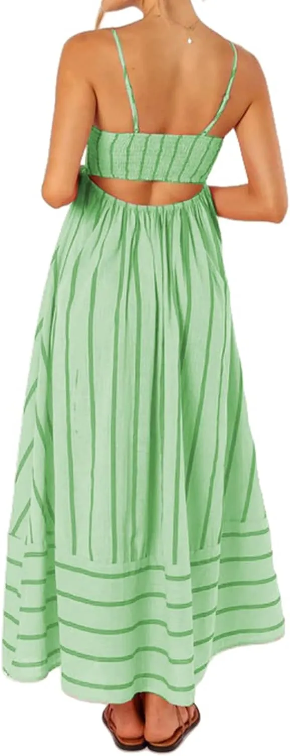 Kubbon Maxi Dress for Women Sleeveless Striped Sundress Spaghetti Strap Boho Long Dresses Flowy Swing Beach A Line Dress