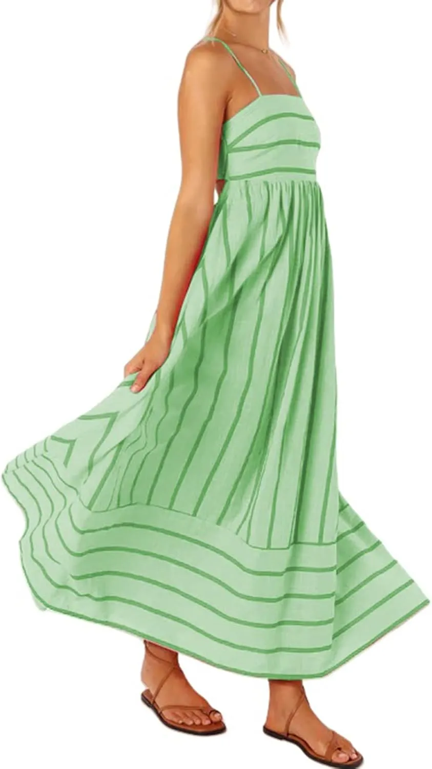 Kubbon Maxi Dress for Women Sleeveless Striped Sundress Spaghetti Strap Boho Long Dresses Flowy Swing Beach A Line Dress