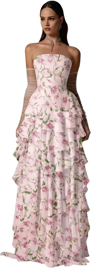 Kyeuan Strapless Tiered Prom Dresses for Women Chiffon Ruffles Formal Evening Gowns Sleeveless Corset Bridesmaid Dresses Long