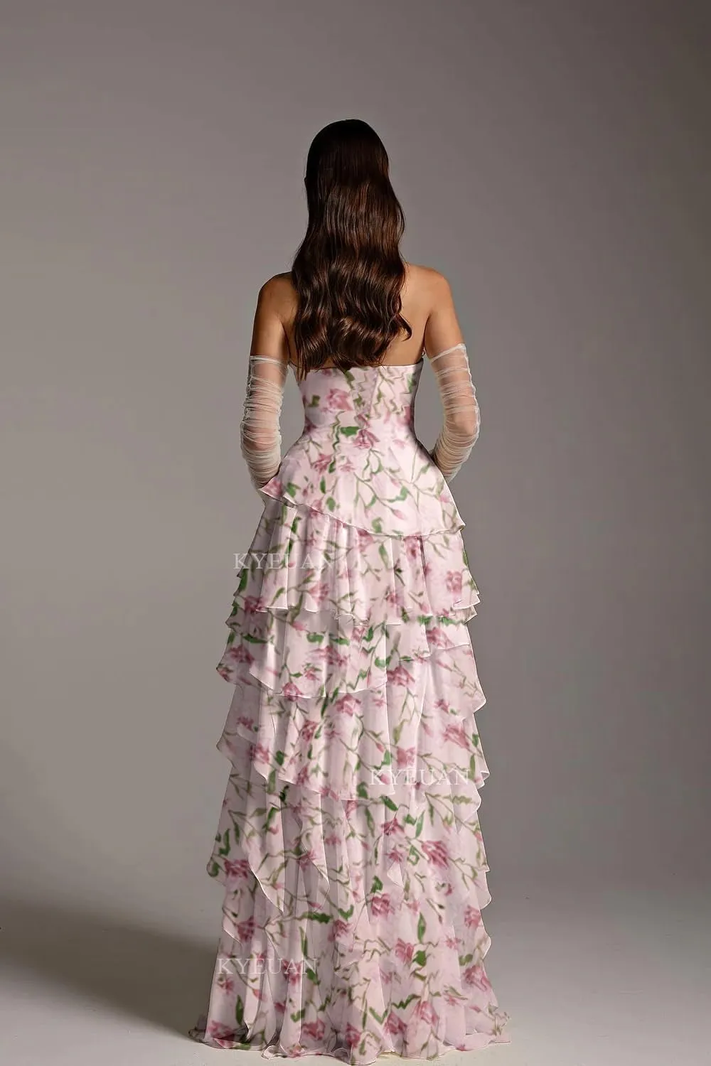 Kyeuan Strapless Tiered Prom Dresses for Women Chiffon Ruffles Formal Evening Gowns Sleeveless Corset Bridesmaid Dresses Long