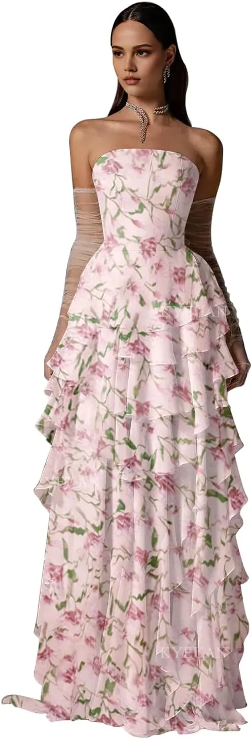 Kyeuan Strapless Tiered Prom Dresses for Women Chiffon Ruffles Formal Evening Gowns Sleeveless Corset Bridesmaid Dresses Long