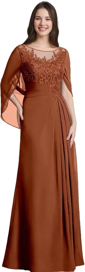 Lace Mother of The Bride Dresses for Wedding Long Ruched - Lace Formal Evening Dress with Cape Sleeve