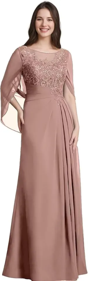 Lace Mother of The Bride Dresses for Wedding Long Ruched - Lace Formal Evening Dress with Cape Sleeve